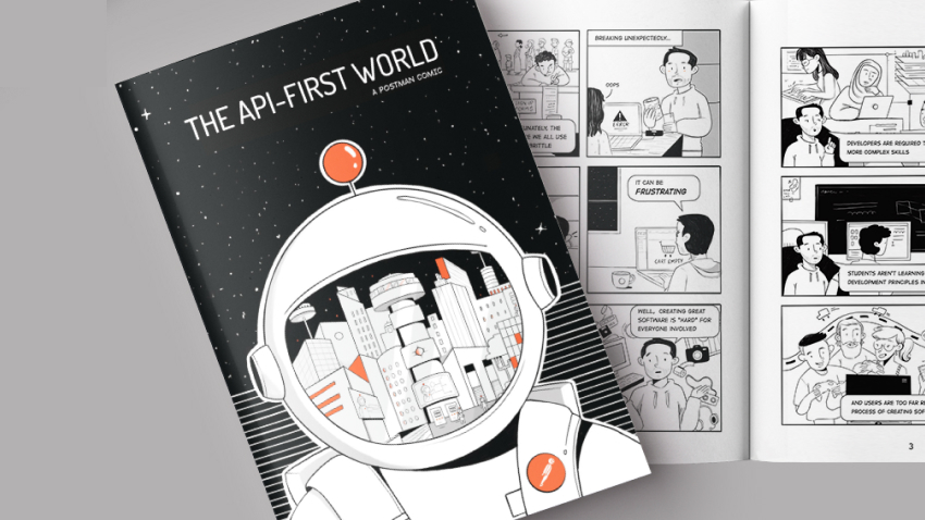 Postman API First World Book. Illustration.